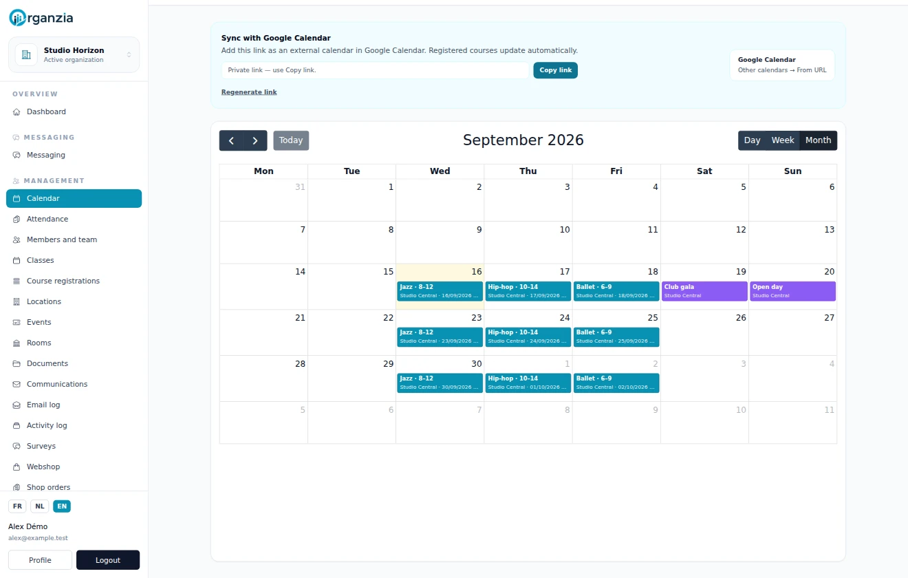 Calendar of club classes and events.