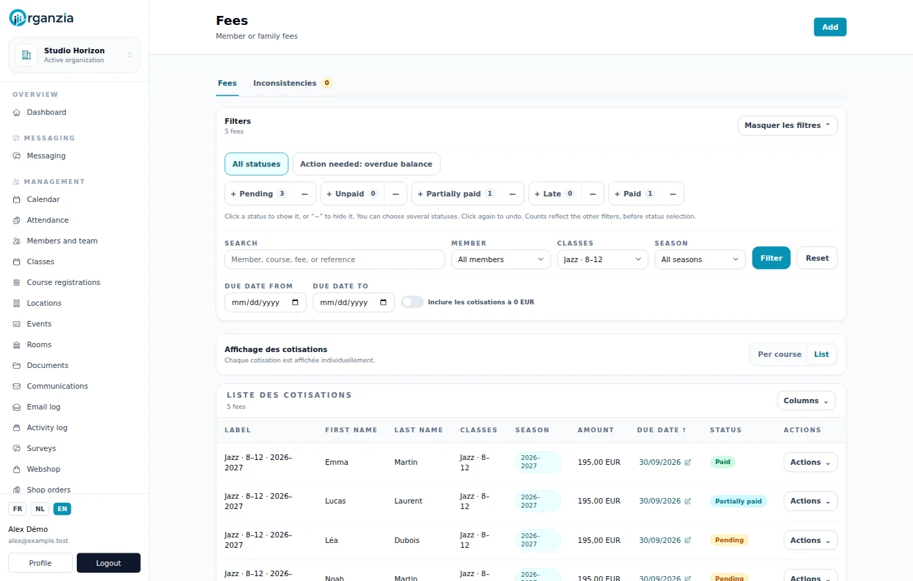 Membership fees, seasons, amounts and due dates with status filters.