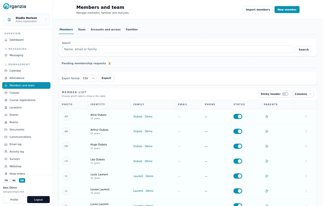 Member list with families, statuses and management actions.
