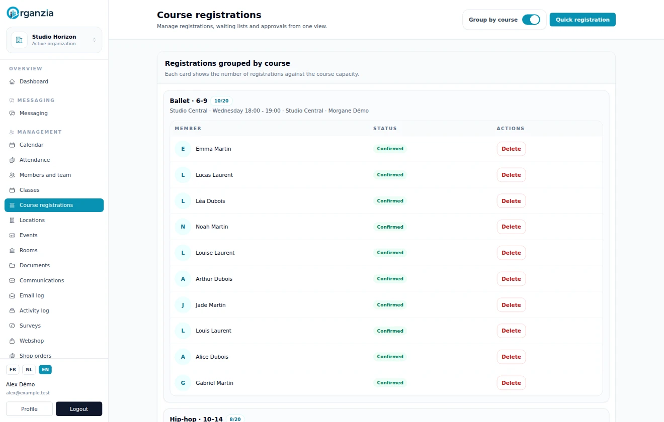 Registrations grouped by class, showing capacities and statuses.