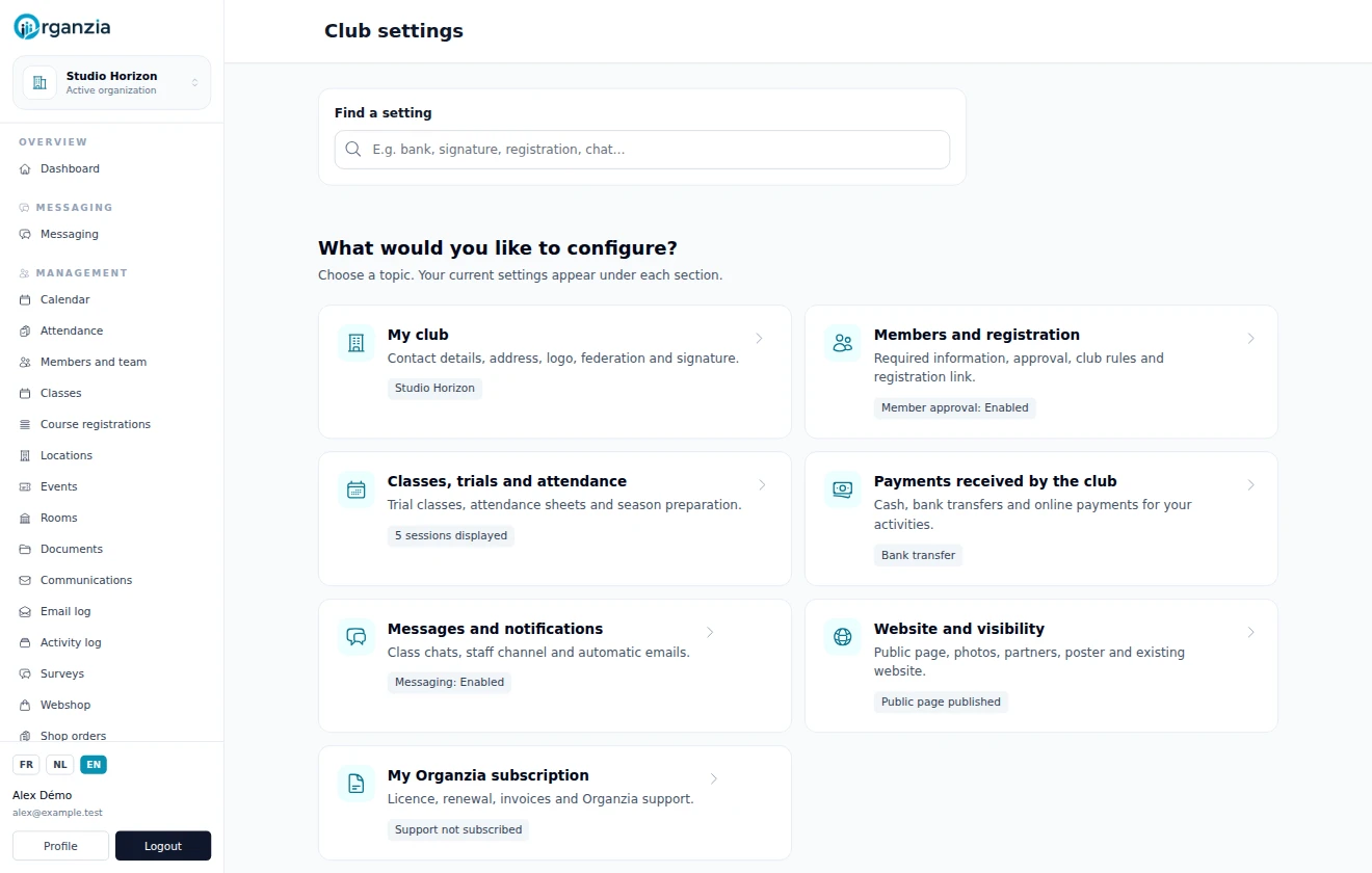 Club settings organised by topic: members, attendance, payments and communication.