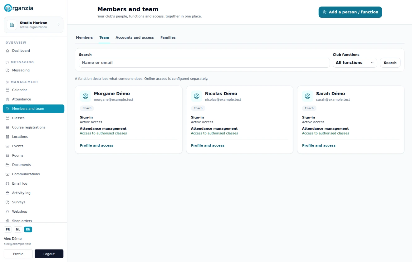 Club team with functions and linked coach accounts.