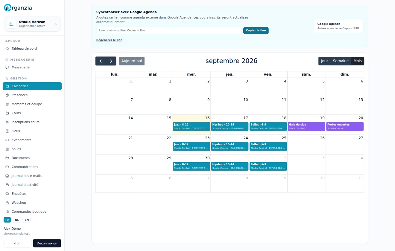 Calendrier des cours et événements du club.