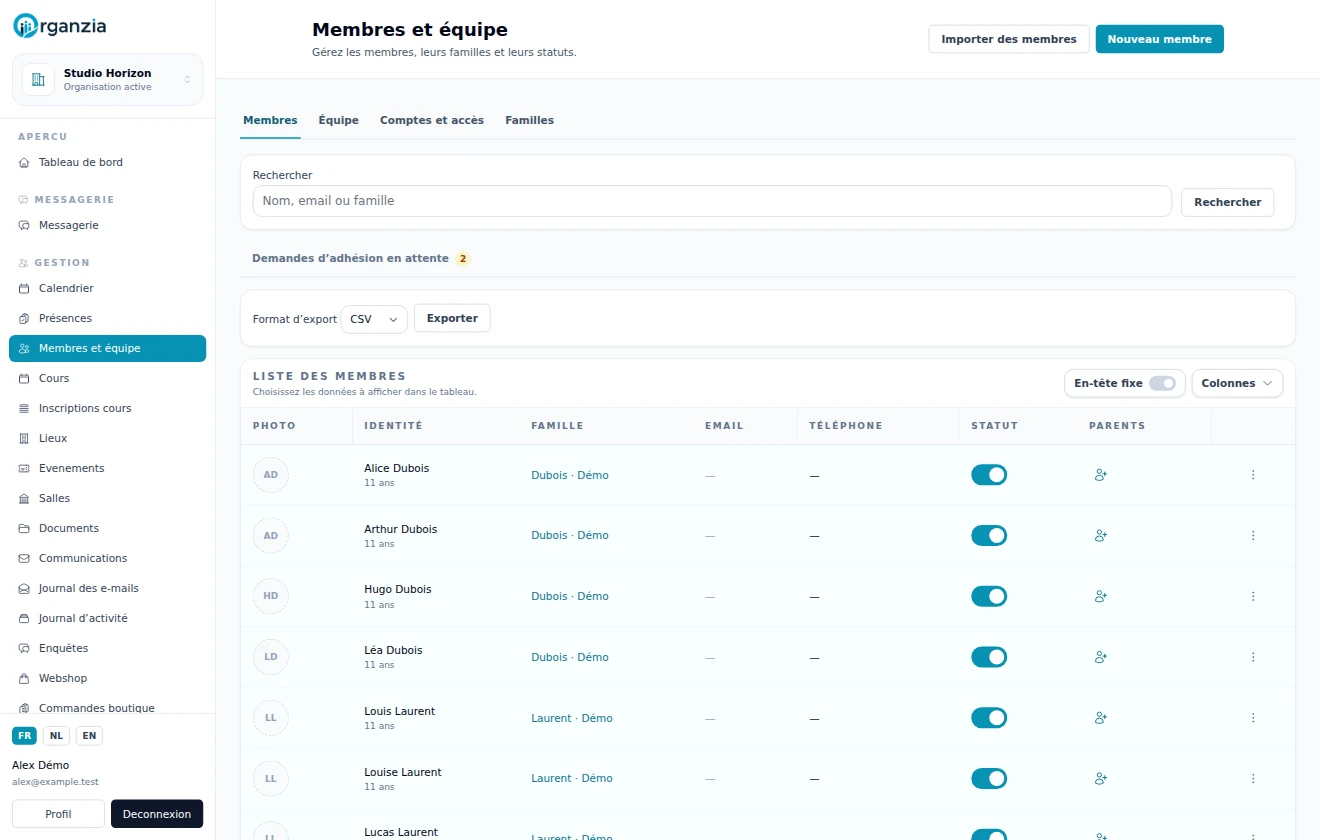 Liste des membres avec leurs familles, leurs statuts et les actions de gestion.