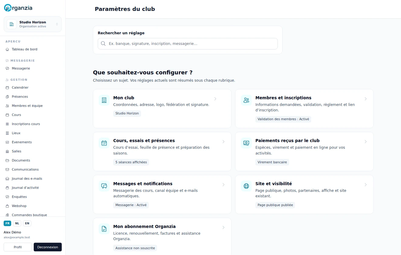 Configuration du club organisée par thèmes : membres, présences, paiements et communication.