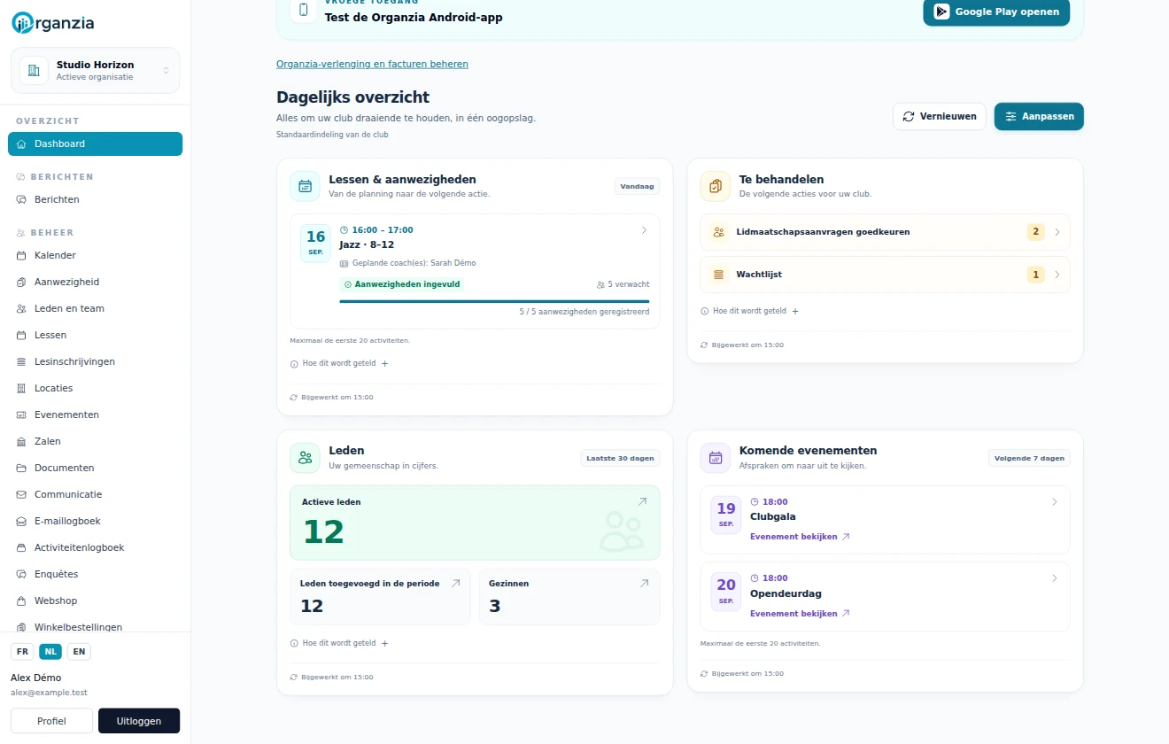 Organzia-dashboard met de sessies van vandaag, openstaande taken, leden en clubevenementen.