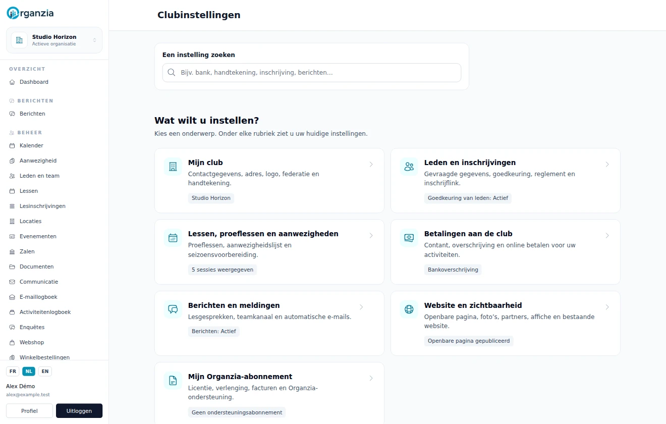 Clubinstellingen per thema: leden, aanwezigheden, betalingen en communicatie.